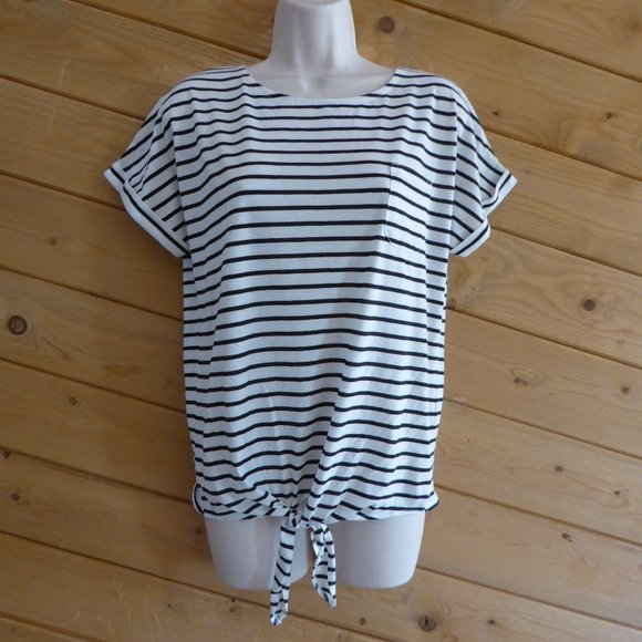 Cinema Club Black White Cap Sleeve Stripe Tie Front Casual Basic Top Shirt M - Picture 1 of 8